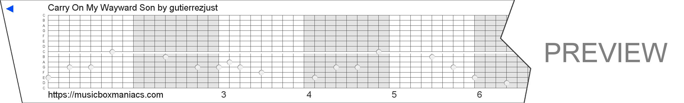 Carry On My Wayward Son 15 note music box paper strip