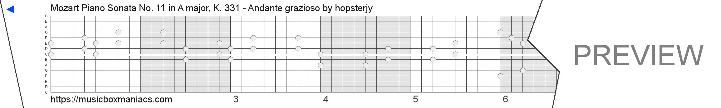 Mozart Piano Sonata No. 11 in A major, K. 331 - Andante grazioso 15 note music box paper strip
