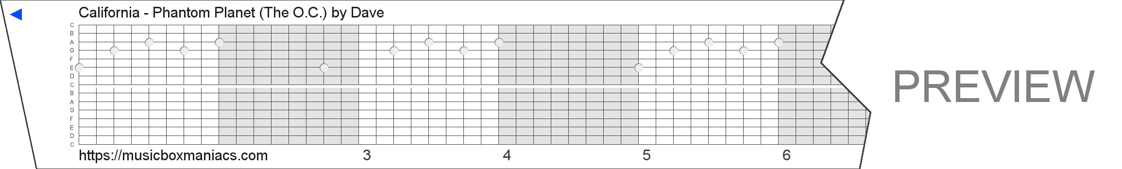 California - Phantom Planet (The O.C.) 15 note music box paper strip