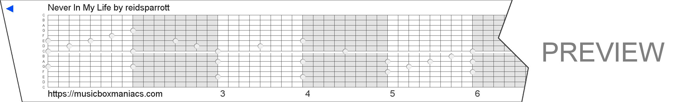 Never In My Life 15 note music box paper strip