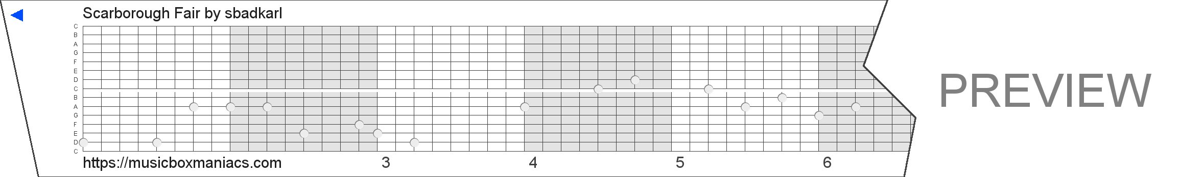 Scarborough Fair 15 note music box paper strip