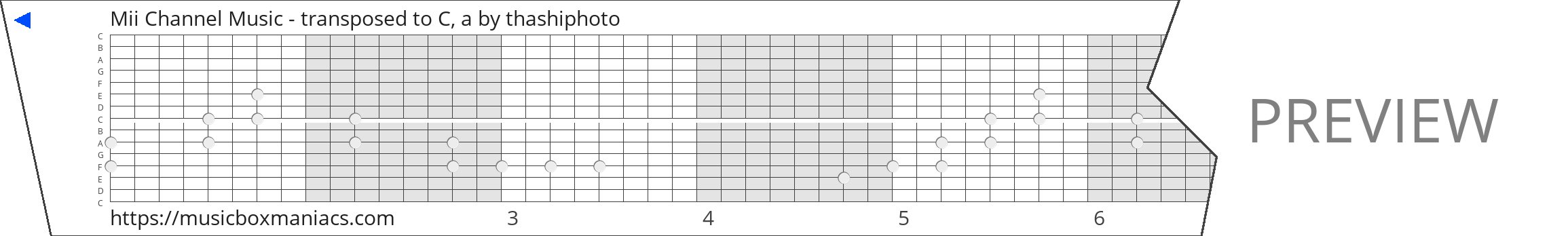 Mii Channel Music - transposed to C, a 15 note music box paper strip