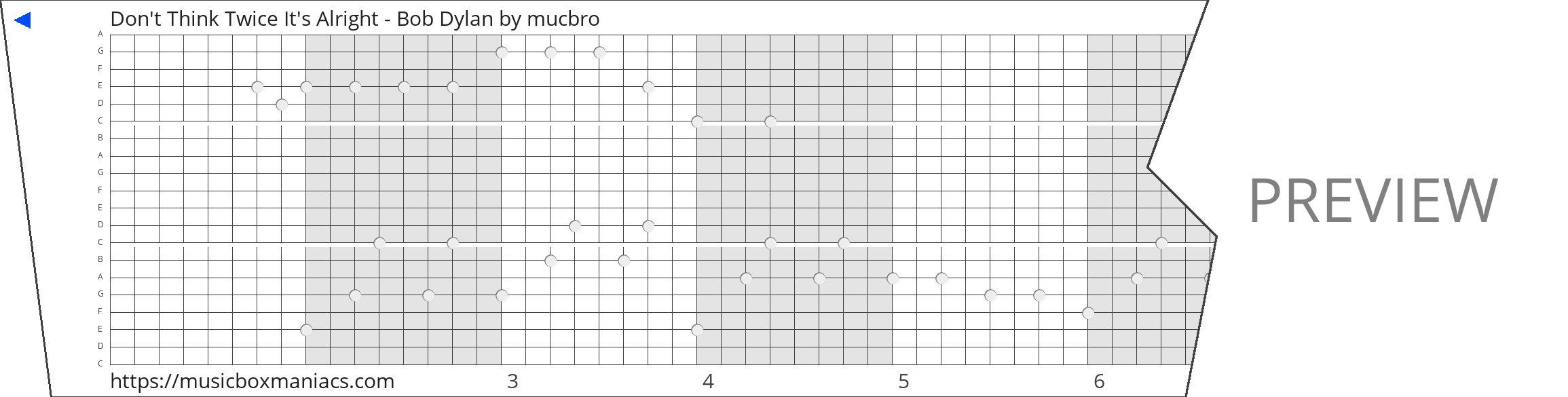 Don't Think Twice It's Alright - Bob Dylan 20 note music box paper strip