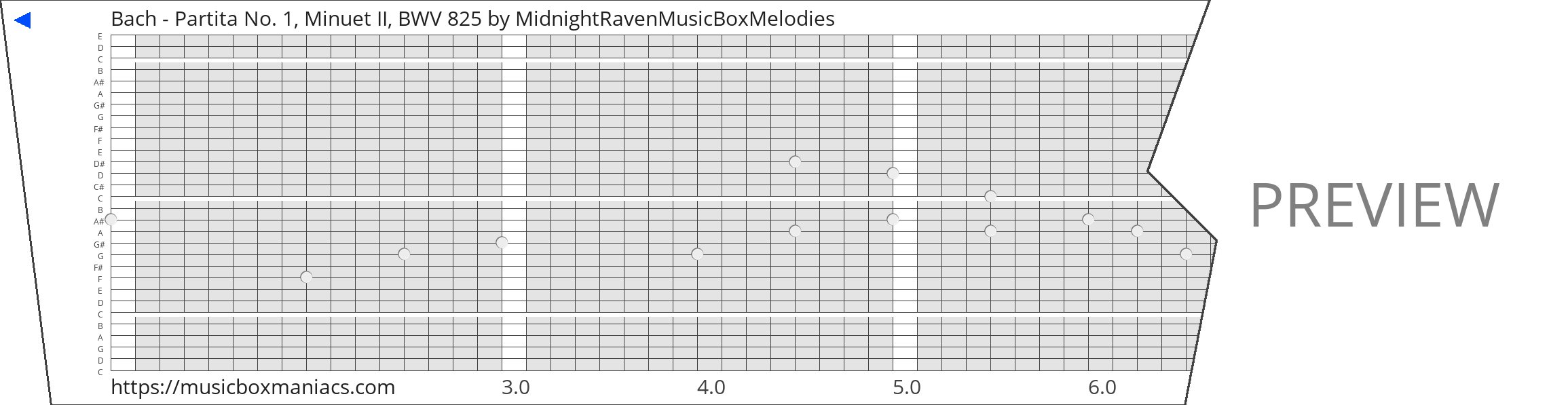Bach - Partita No. 1, Minuet II, BWV 825 30 note music box paper strip
