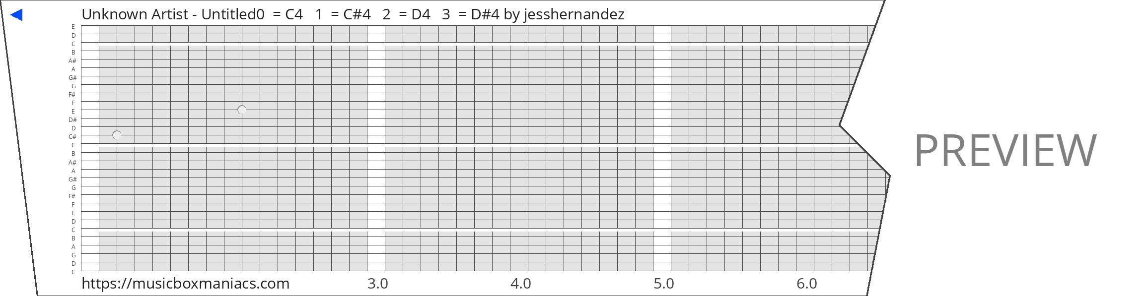 Unknown Artist - Untitled0  = C4   1  = C#4   2  = D4   3  = D#4 30 note music box paper strip