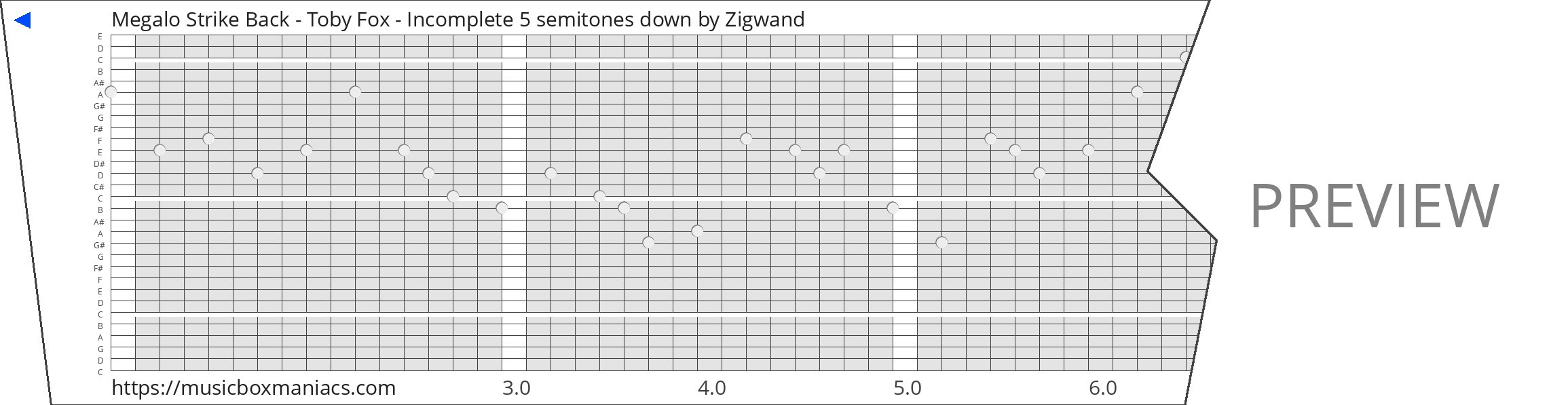 Megalo Strike Back - Toby Fox - Incomplete 5 semitones down 30 note music box paper strip