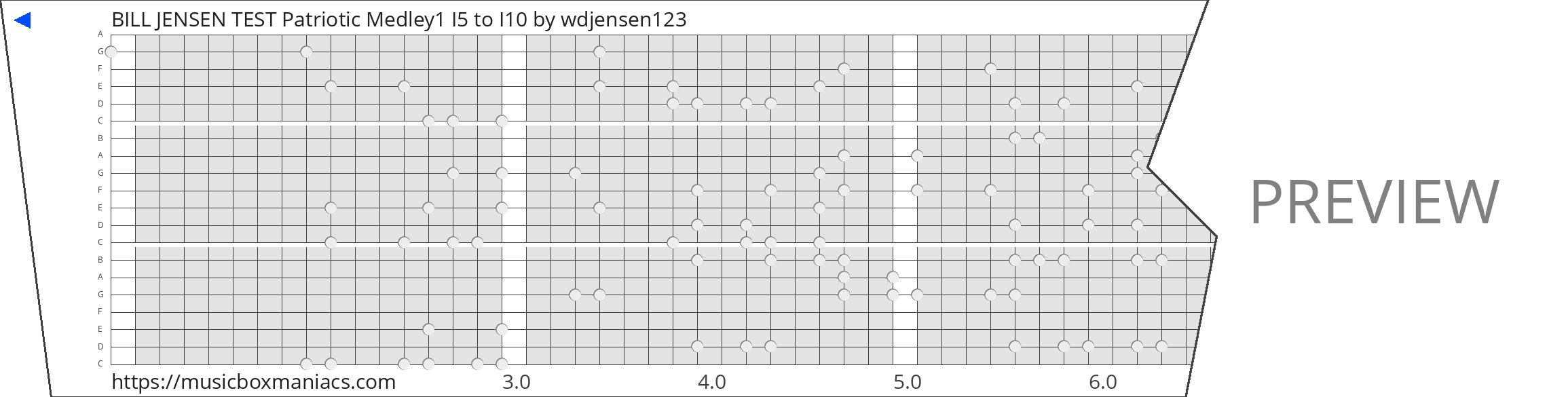 BILL JENSEN TEST Patriotic Medley1 I5 to I10 20 note music box paper strip