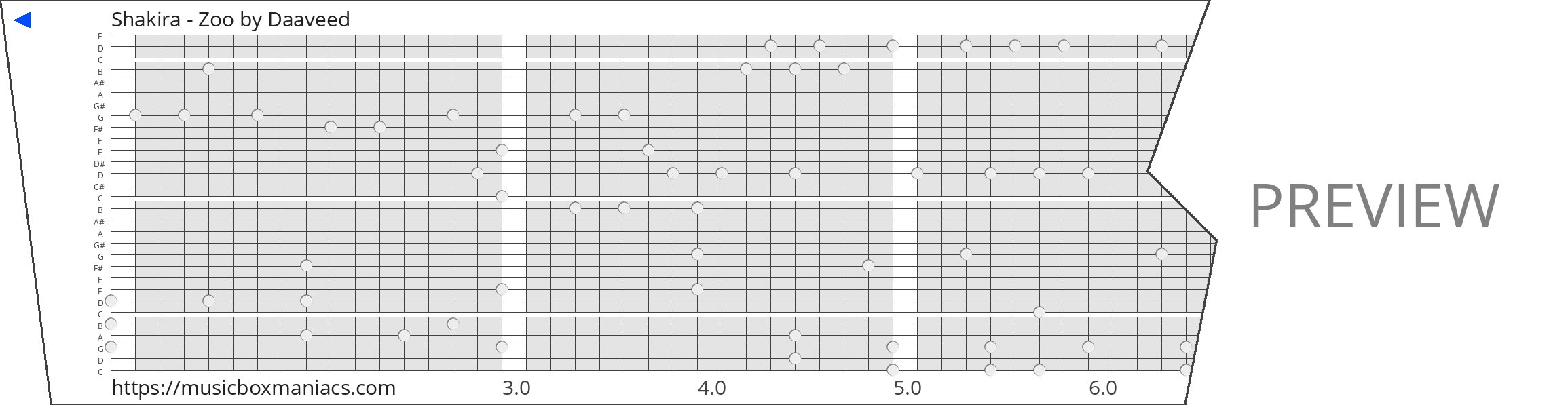 Shakira - Zoo 30 note music box paper strip